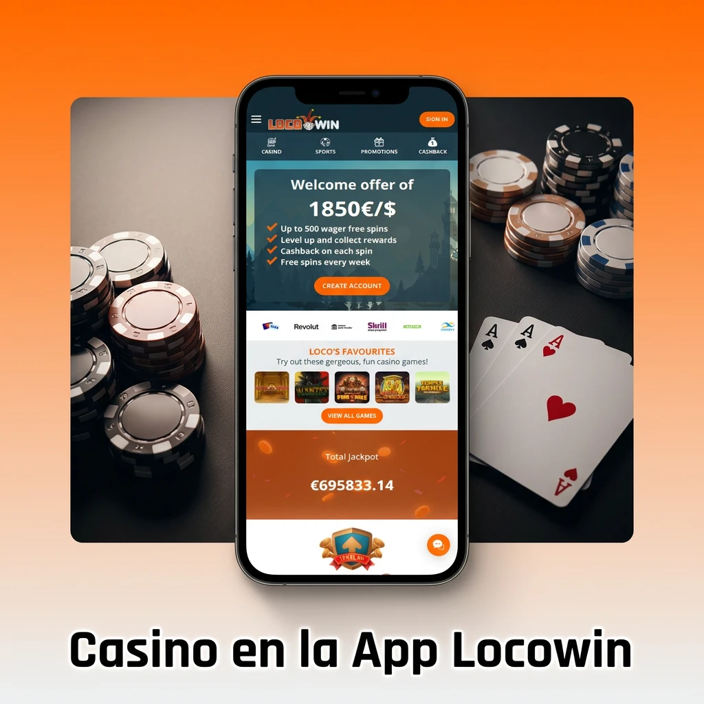 Pantalla de casino en la app Locowin con tragaperras, juegos de mesa y casino en vivo con crupieres reales.