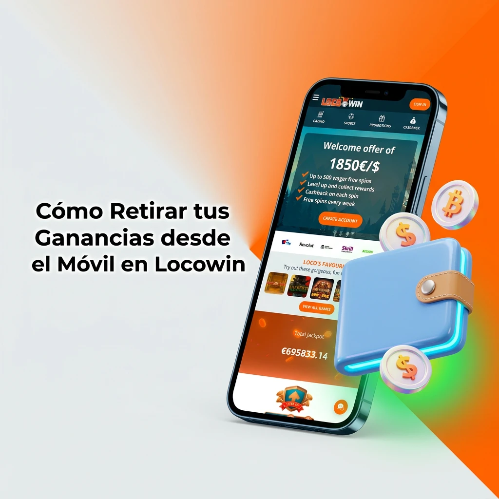 Mobile casino cashier screen showing Locowin withdrawal steps, with minimum €20 amount and 24-48h e-wallet processing time.