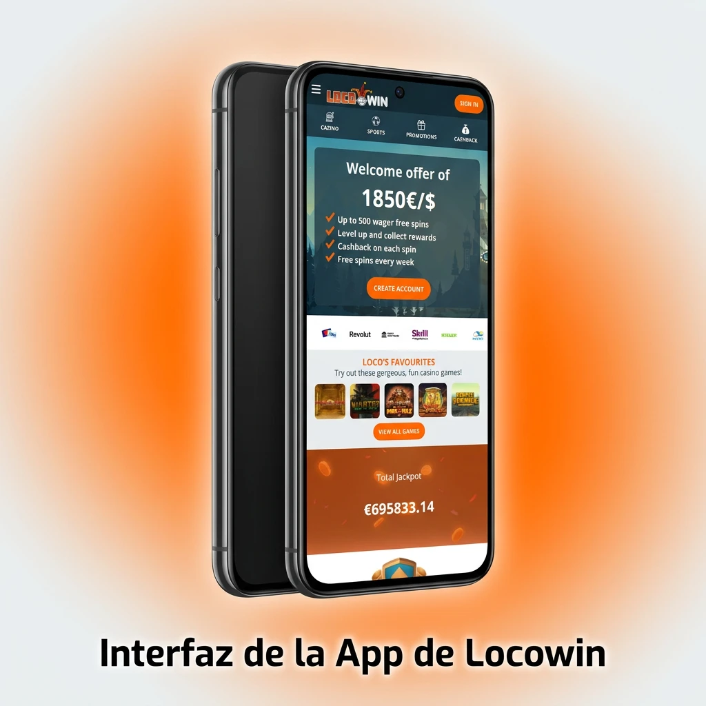 Interfaz web de Locowin con menús de casino, apuestas deportivas y cuenta, optimizada para móviles Android e iPhone.