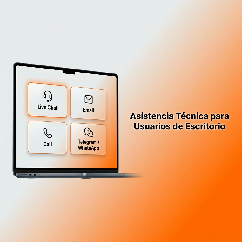 Technical support channels for desktop users showing live chat, email, and help section contact methods.